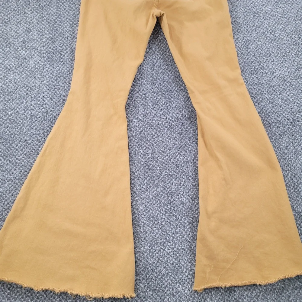 Rock & Roll Denim Mustard Yellow Bargain Button Bell Flare Jeans 29x34 Raw Hem